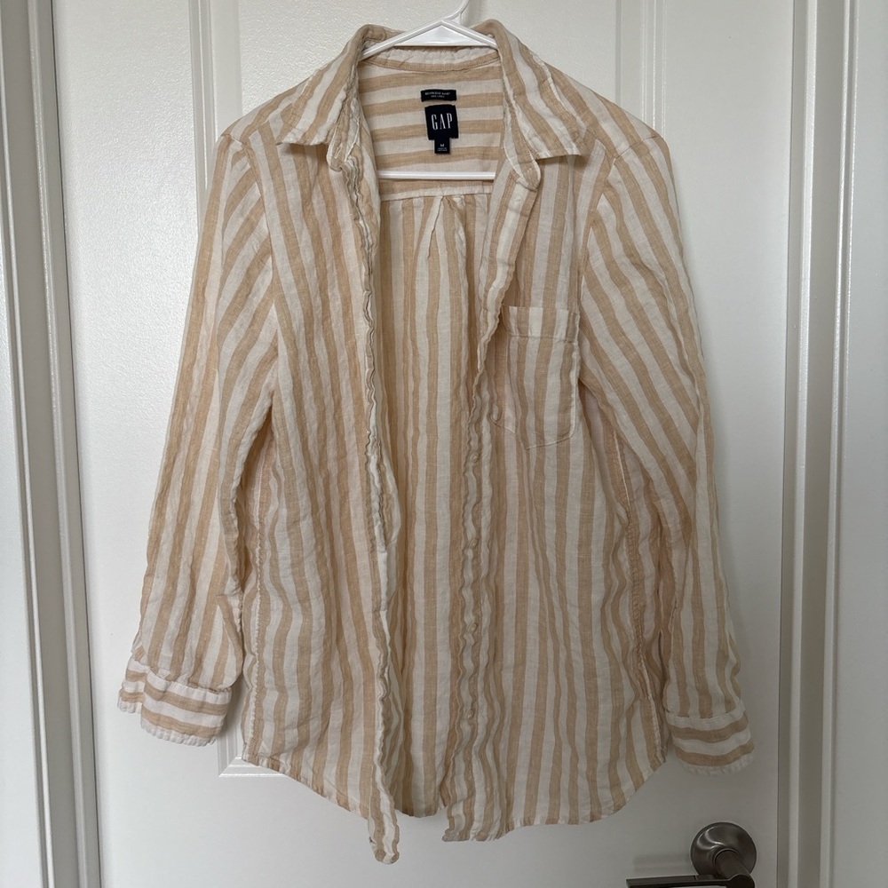 GAP Linen Cream&White Striped Boyfriend Long Sleeve Button Up Shirt Size Medium